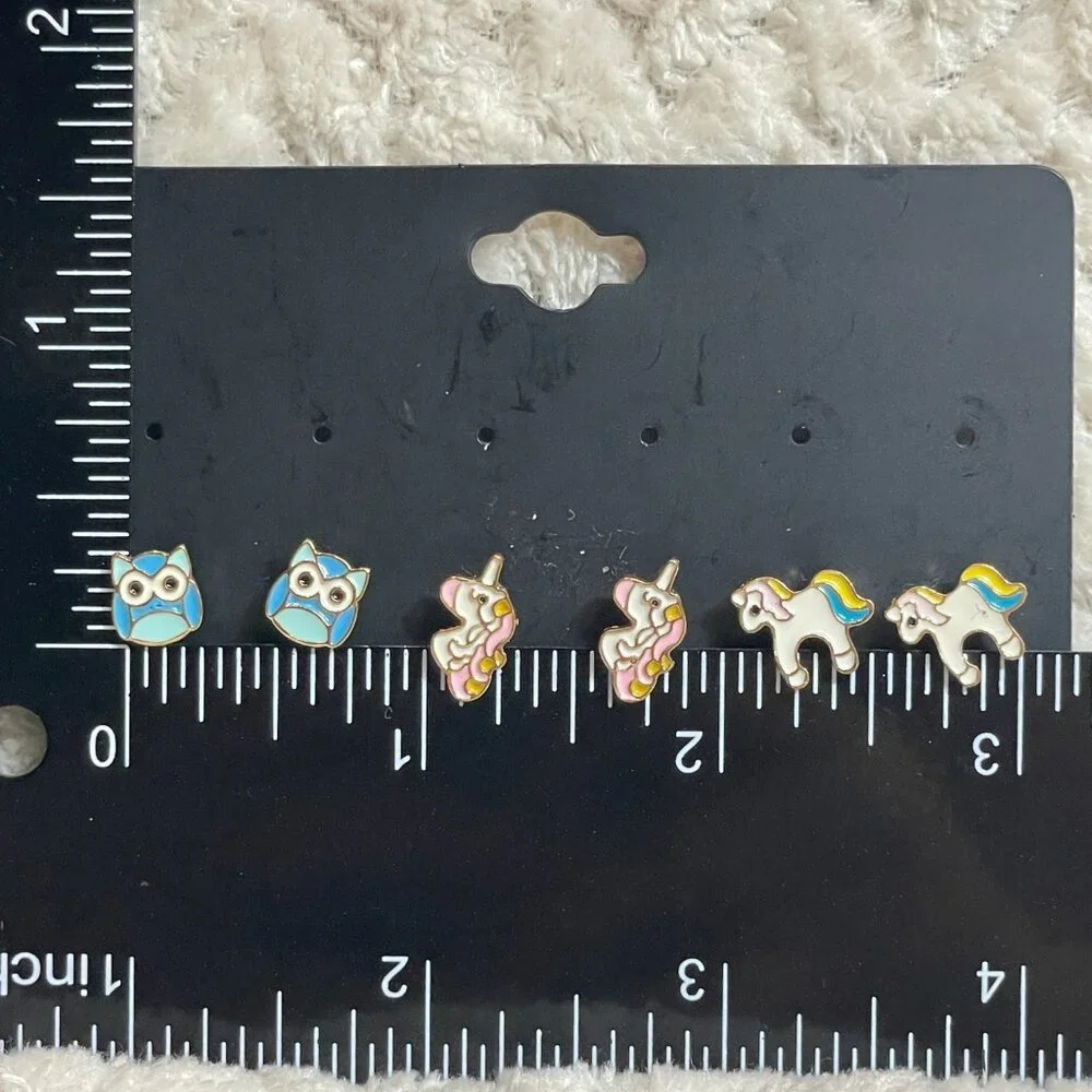 Set of 3 Studded Owl‎ Unicorn Earrings NWOT